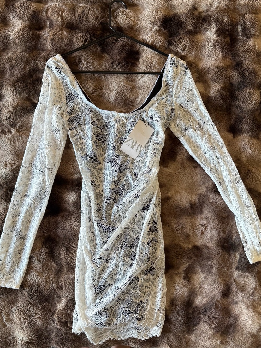 Zara Ivory Lace Long-Sleeve Mini Dress